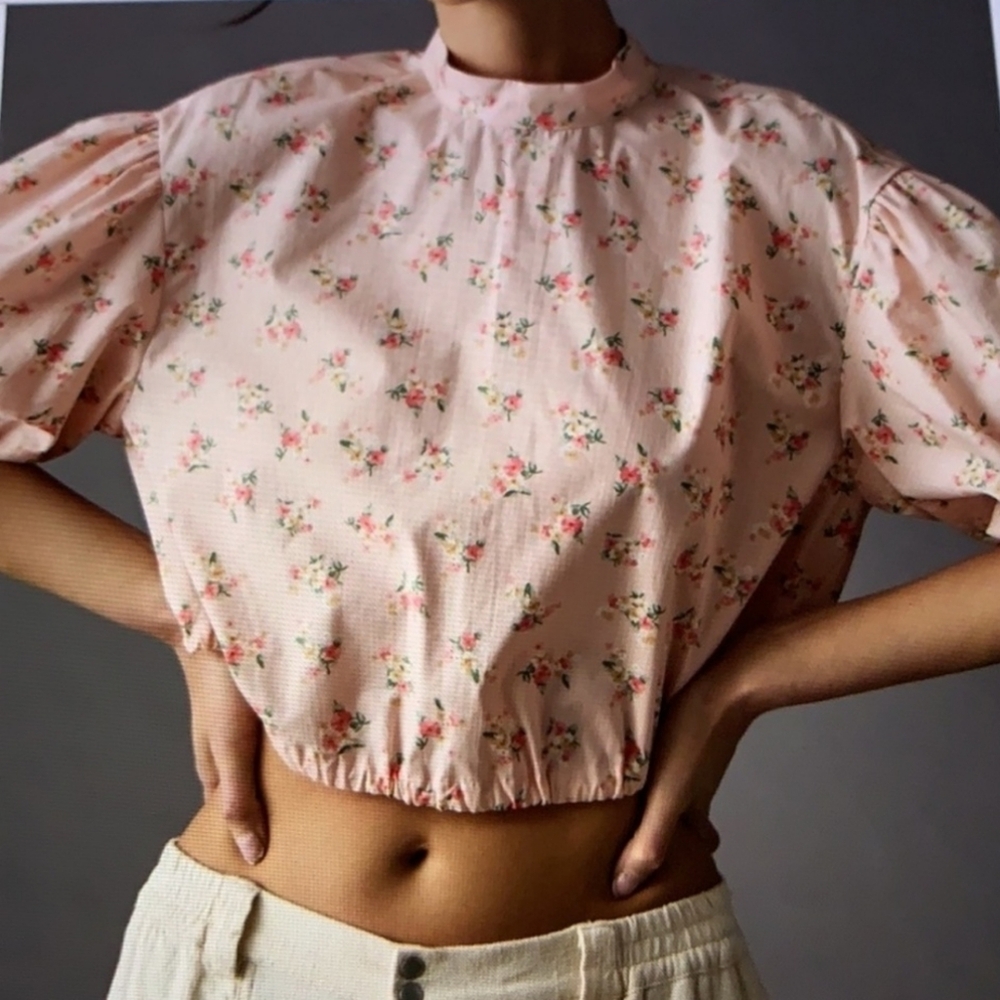 Anthropologie Cropped Bubble Sleeves Pink Ditsy Floral NWT